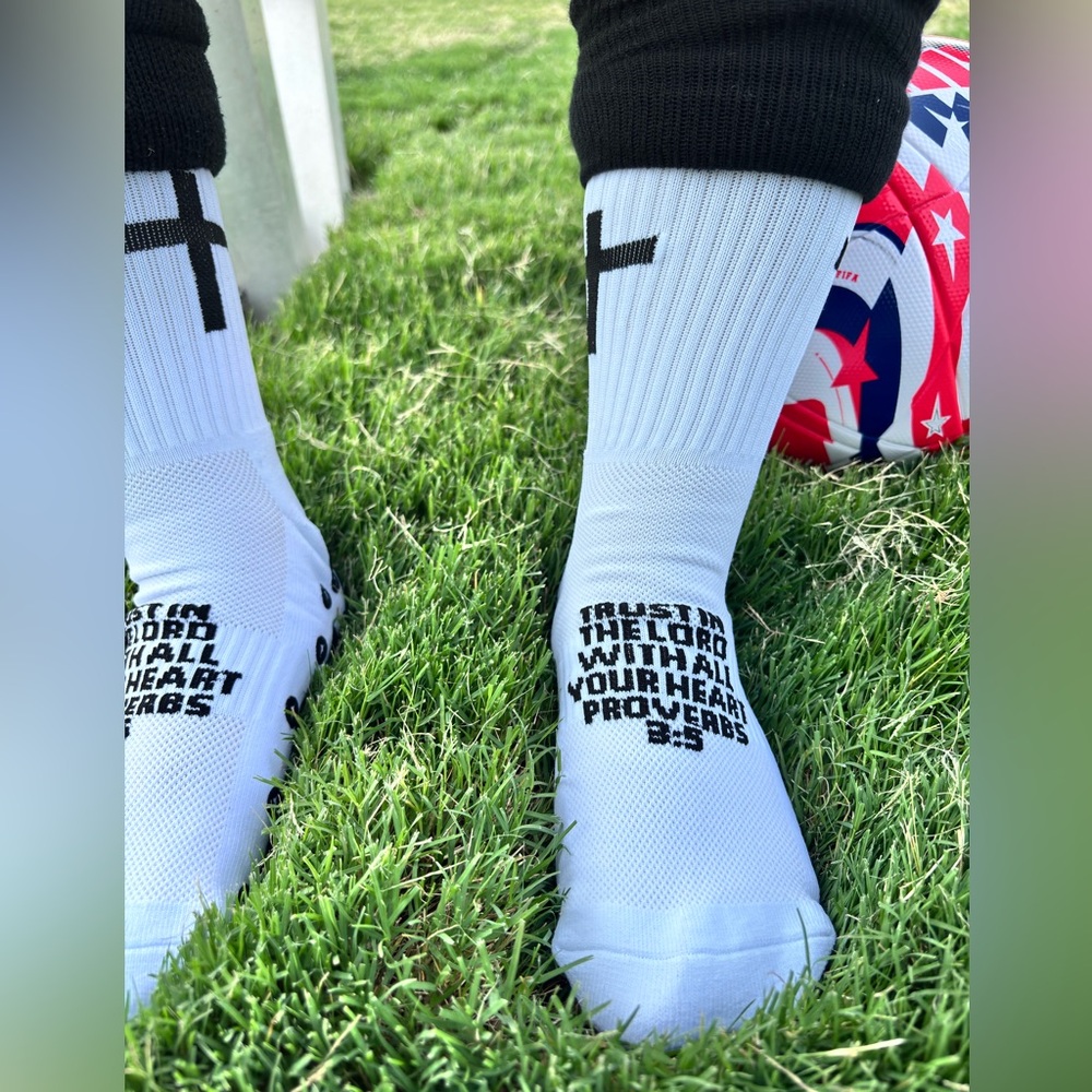 White Grip Socks with Black Cross and Text
